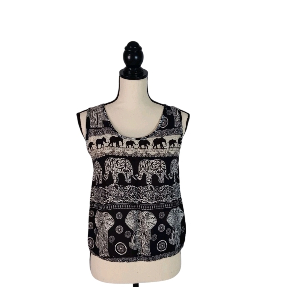 Women's Black & Cream Elephant Print Safari Lightweight Sleeveless Blouse